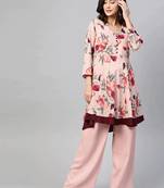 Peach Printed Polyester Women Kurta & Kurtis