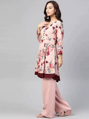 Peach Printed Polyester Women Kurta & Kurtis 3