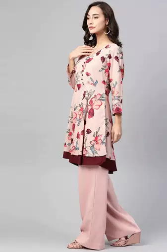 Peach Printed Polyester Women Kurta & Kurtis