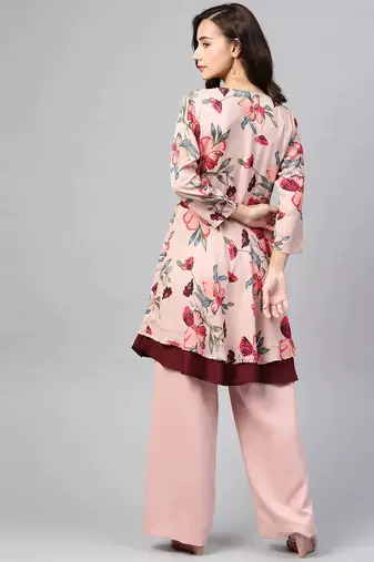 Peach Printed Polyester Women Kurta & Kurtis