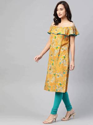Mustard Printed Viscose rayon Women Kurta & Kurtis 3