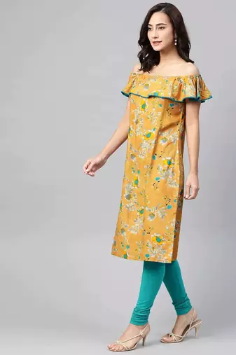 Mustard Printed Viscose rayon Women Kurta & Kurtis