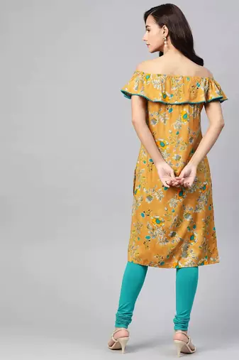 Mustard Printed Viscose rayon Women Kurta & Kurtis