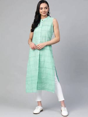 Green Woven Design Cotton Women Kurta & Kurtis 1
