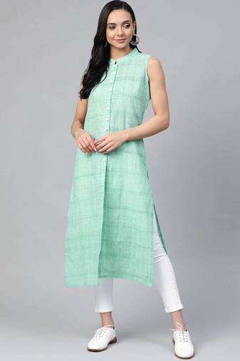 Green Woven Design Cotton Women Kurta & Kurtis