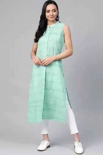 Green Woven Design Cotton Women Kurta & Kurtis