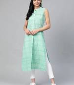 Green Woven Design Cotton Women Kurta & Kurtis