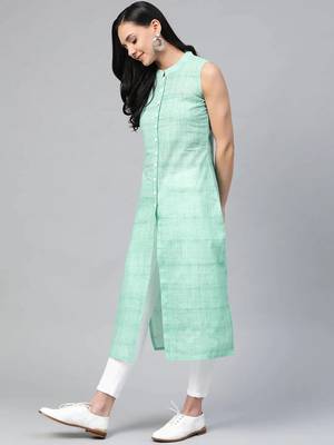 Green Woven Design Cotton Women Kurta & Kurtis 4