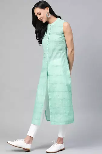Green Woven Design Cotton Women Kurta & Kurtis