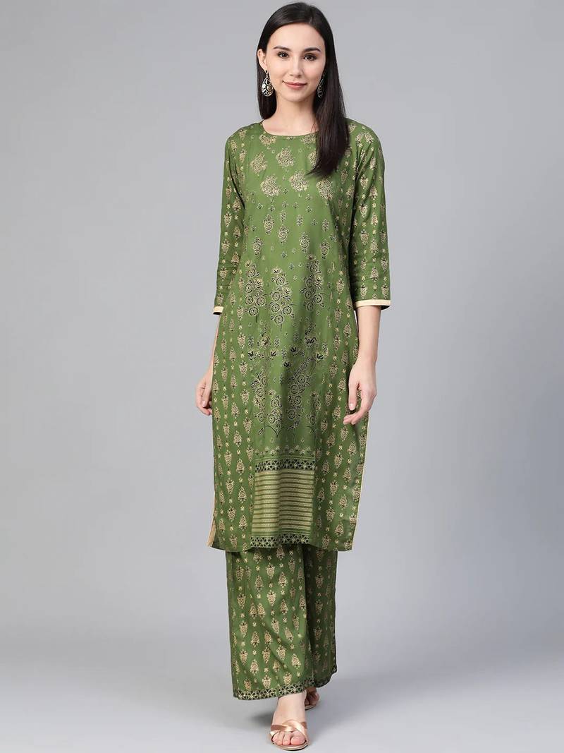 Green Printed Viscose rayon Women Kurta set