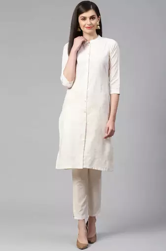 Off-White Woven Design Cotton Women Kurta set