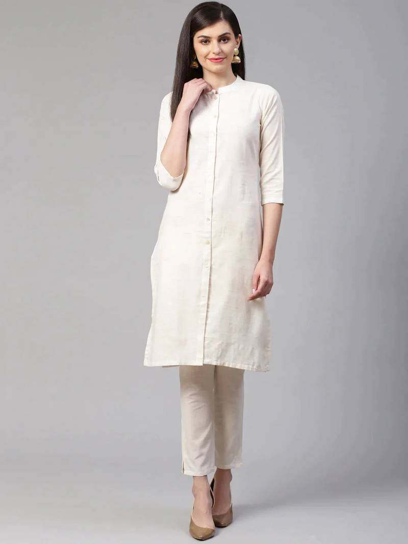 Off-White Woven Design Cotton Women Kurta set