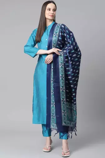 Blue Printed Cotton Women Kurta set