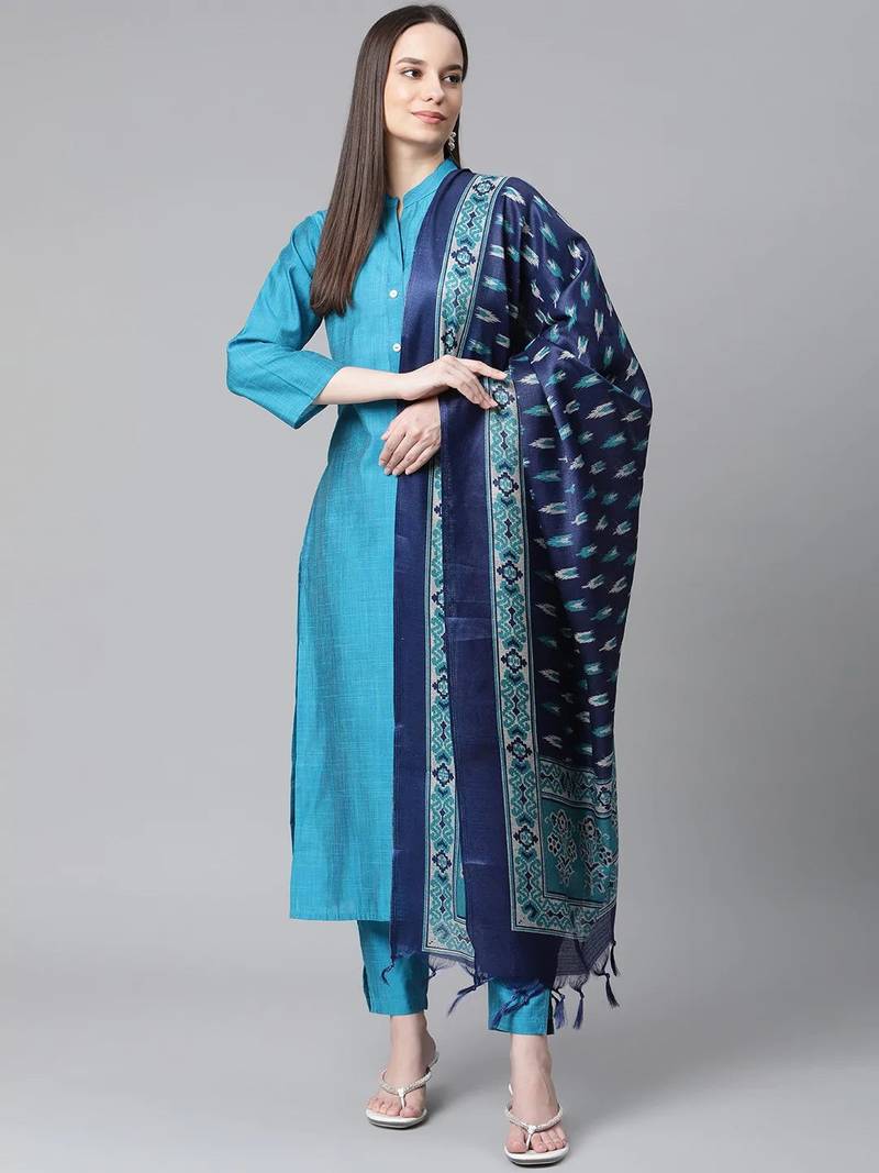 Blue Printed Cotton Women Kurta set