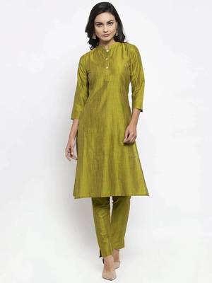 Green Striped Cotton Women Kurta set 1