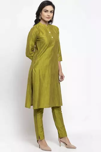 Green Striped Cotton Women Kurta set