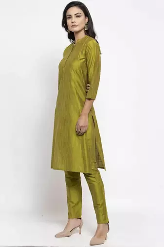 Green Striped Cotton Women Kurta set