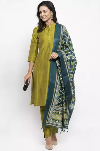 Green Striped Cotton Women Kurta set