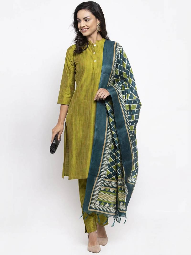 Green Striped Cotton Women Kurta set