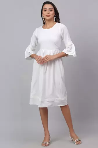 White Solid Polyester Dress