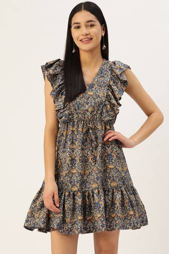 Navy Blue Printed Crepe Dress