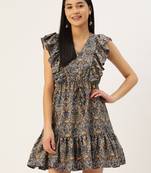 Navy Blue Printed Crepe Dress