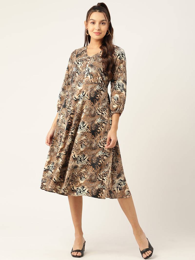 Brown Printed Crepe Dress