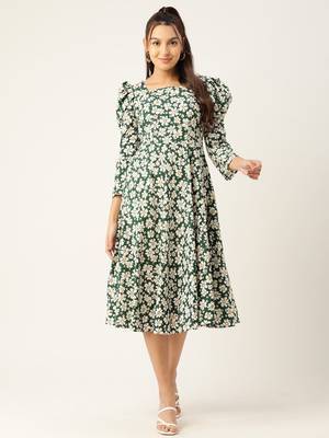 Green Printed Crepe Dress 1