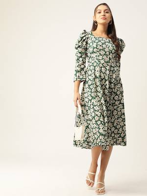 Green Printed Crepe Dress 4