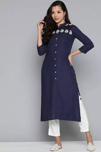 Navy Blue Embroidered Viscose rayon Kurti