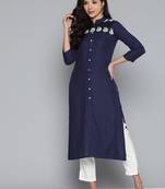 Navy Blue Embroidered Viscose rayon Kurti
