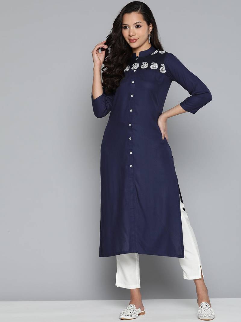 Navy Blue Embroidered Viscose rayon Kurti