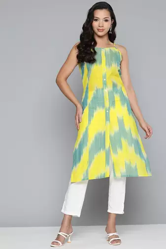 Yellow Printed Cotton Kurti