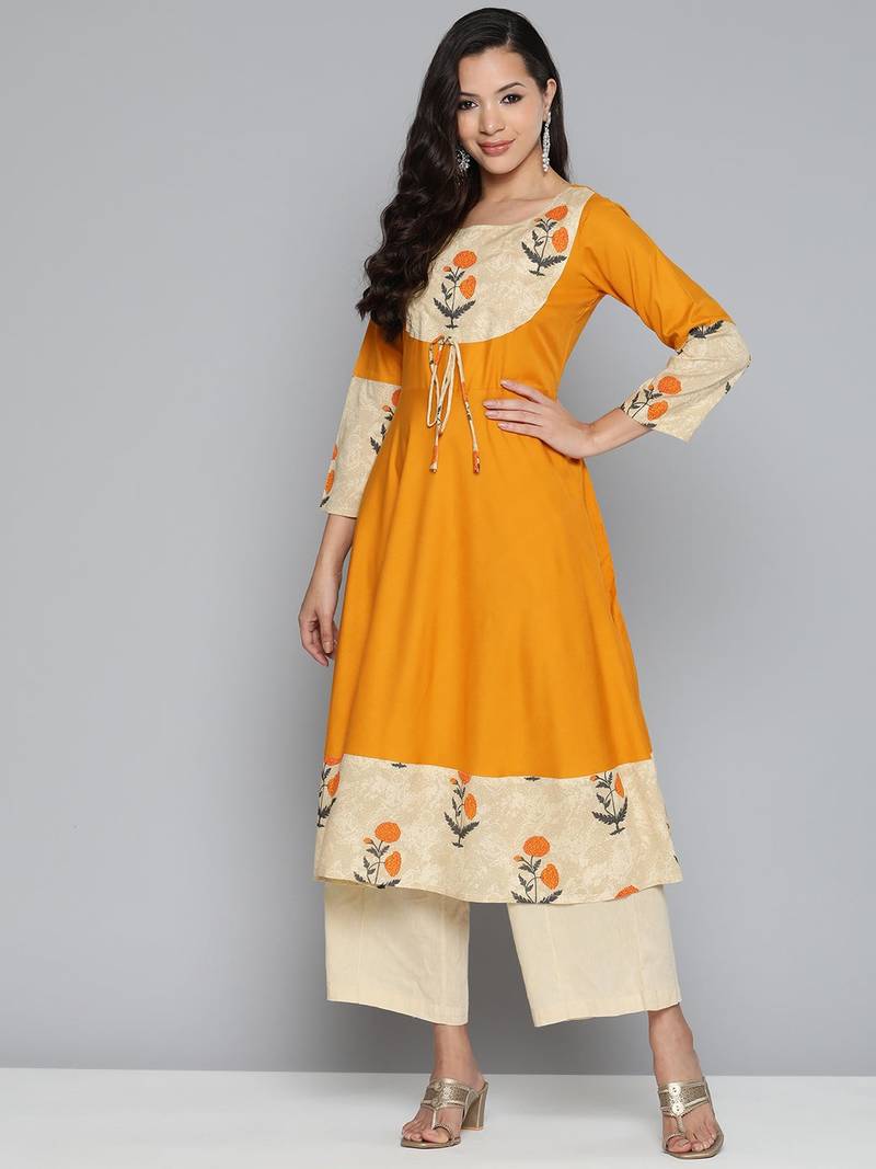 Mustard Printed Viscose rayon Kurti