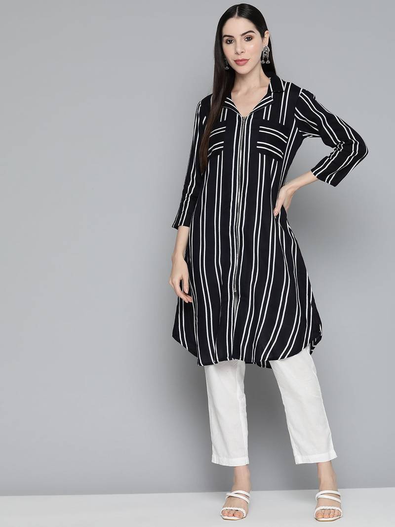 Black Striped Viscose rayon Kurti