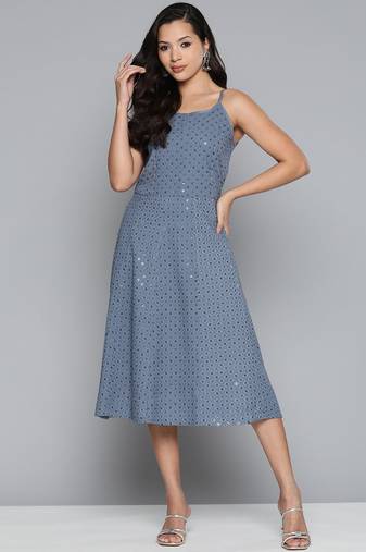Grey Embroidered Rayon Dress