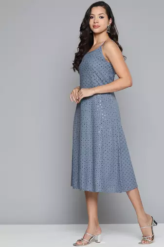 Grey Embroidered Rayon Dress