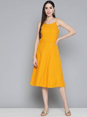 Mustard Embroidered Rayon Dress 1