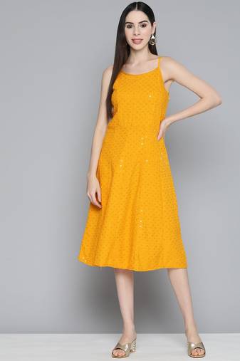 Mustard Embroidered Rayon Dress
