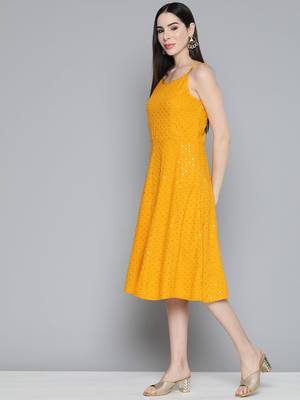 Mustard Embroidered Rayon Dress 3