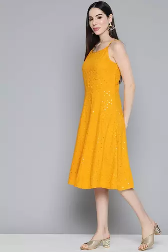 Mustard Embroidered Rayon Dress