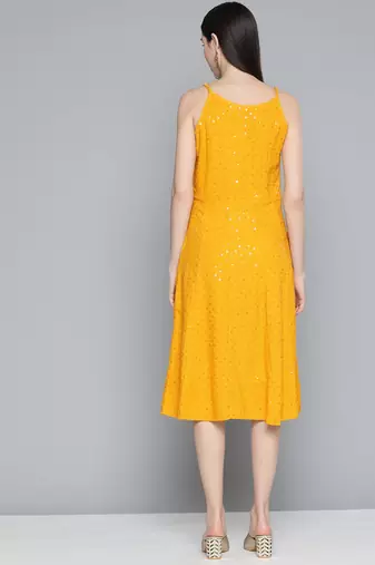 Mustard Embroidered Rayon Dress
