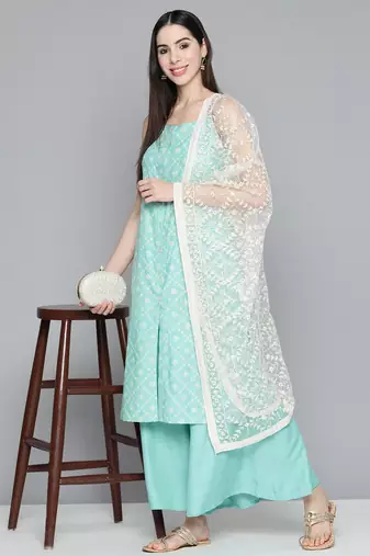 Blue Printed Viscose rayon Kurta Set