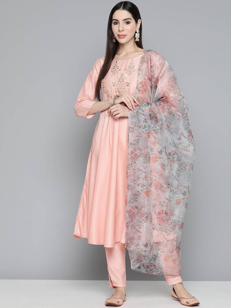 Peach Embroidered Cotton Silk Kurta Set