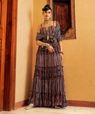 Blue Printed & Embroidered Skirt Set 2