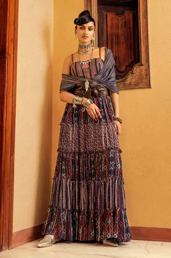 Blue Printed & Embroidered Skirt Set