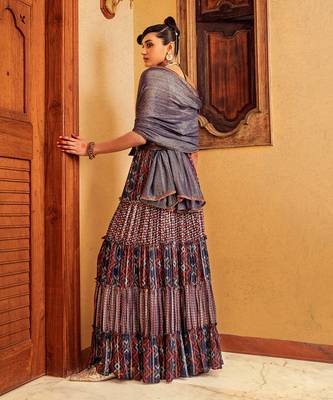 Blue Printed & Embroidered Skirt Set 4