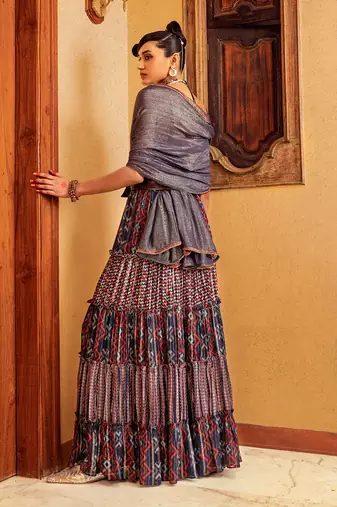 Blue Printed & Embroidered Skirt Set