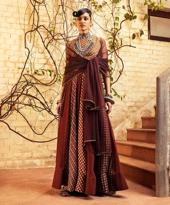 Brown Printed & Embroidered Skirt Set 1