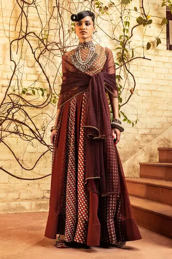 Brown Printed & Embroidered Skirt Set
